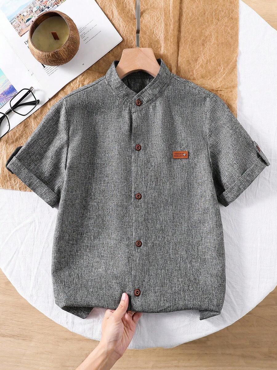 SHEIN 1 件 Tween 男童中式立领纯蓝色休闲短袖衬衫，春夏