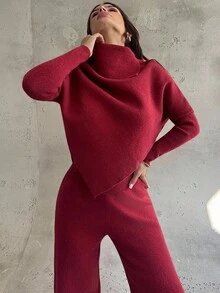 Firerie Conjunto de suéter feminino de malha com manga comprida e bainha assimétrica, cor sólida, conjunto casual de malha para deslocamento diário, conjunto de suéter assimétrico, conjunto feminino para deslocamento diário, conjunto vinho tinto, conjunto de blusa solta, roupas de primavera/outono/inverno, elegante, para deslocamento diário, casual, diário, minimalista