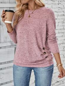 Selamara Plus Size Women Casual Long Sleeve Round Neck Ruched Hem Button Decor T-Shirt, Autumn/Winter - Pink - View 3