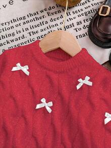 SHEIN Playful Pals 全新时尚百搭可爱蝴蝶结纯色扭绳女童套头毛衣裙 - 紅色 - 查看 4