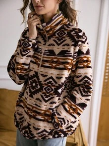 LanaWest Women's Retro Print Half-Zip Fleece Sweatshirt, Autumn/Winter - Multicolor - View 7