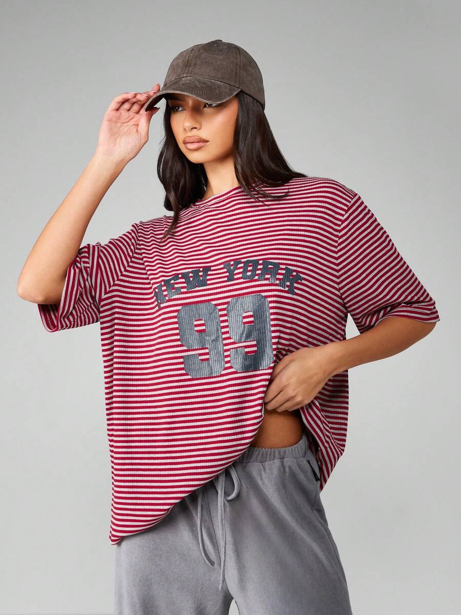 MISSGUIDED Striped Varsity Number T-Shirt Oversized Retro New York 99 Print Streetwear Casual Basic Campus Style Jersey Relaxed Fit Fall Winter
