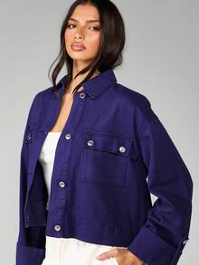 MISSGUIDED 超大牛仔工装夹克，前开扣，大口袋，翻边袖，秋冬短款休闲工装外套 - 深色水洗藍 - 查看 4