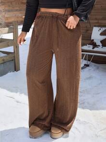 SHEIN EZwear Plus Size Women Drawstring Waist Wide Leg Loose Casual Brown Fuzzy Pants Knit Pants Elastic Waist Pants Brown Pants For Women Casual Pants - Brown - View 6