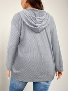 SHEIN LUNE 大码女式纯色落肩长袖拉链前抽绳连帽休闲运动衫，秋季 - 淺灰色 - 查看 2