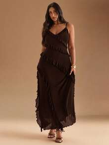 SHEIN BAE Đầm maxi cổ yếm in hoa họa tiết da báo thời trang mùa hè thanh lịch dành cho nữ cỡ lớn, thích hợp cho các buổi hòa nhạc, đi làm tốt nghiệp - Cà phê nâu - Xem 4