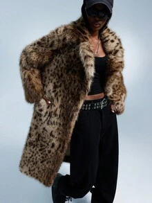 GENKIRA 长款仿皮草大衣女冬季2025新款高腰长毛豹纹狐狸毛冬季风衣 - 棕色 - 查看 4