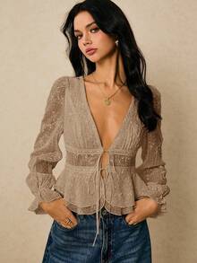 Poéselle Women's Floral Embroidery Deep V-Neck Tie Front Long Sleeve Ruffle Hem Sexy Fashionable Blouse Bohemian Tops Boho Blouses Women Summer Blouse Top Boho Tops For Women - Khaki - View 4