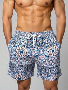 Manfinity KASUA Men's Summer Vacation Style All-Over Print Drawstring Waist Slant Pocket Beach Shorts