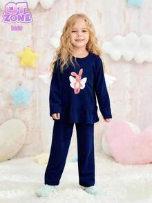 مجموعة بيجاما كاجوال من قطعتين (ملابس علوية كم طويل وبنطلون) مطرزة برسم أرنب بتصميم بسيط للفتيات، باللون الأزرق الفاتح