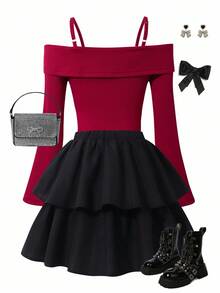 Sparklyn Tween Girls' Fashion Elegant T-Shirt Set, White Knit Top Paired With Black Woven Cake Skirt, Top Decorated With Black Bow, Skirt Embellished With Beads - Red - View 2