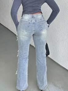 Alexandranx Quần Jeans Denim Rách Rách Phong Cách Đường Phố Thường Ngày Cho Nữ - Màu xanh lam - Xem 2