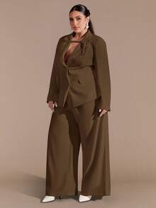 SHEIN BAE Plus Size Curve Autumn And Winter Elegant Commuter Business Party Big Woman Black Formal Waist Suit Jacket And Wide-Leg Pants Ladies Two Pieces Suit Business Casual Woman Suits For Woman Blazer Set Pants Suits For Woman Women Pants Suit Set Corporate Set Women Work Suits Woman Suit