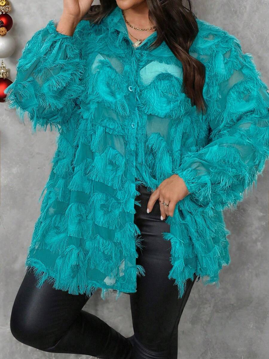 SHEIN LUNE 大码女式半透明流苏雪纺休闲宽松衬衫，适合派对、户外活动、感恩节、新年、冬季狂欢、圣诞节、生日、新年夜、外出、度假、派对等场合。 - 綠色 - 查看 1