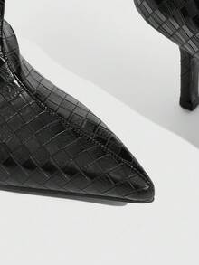 CUCCOO SZL 女士时尚黑色格子尖头一脚蹬优雅细高跟系带中筒靴，性感派对装 - 黑色 - 查看 6