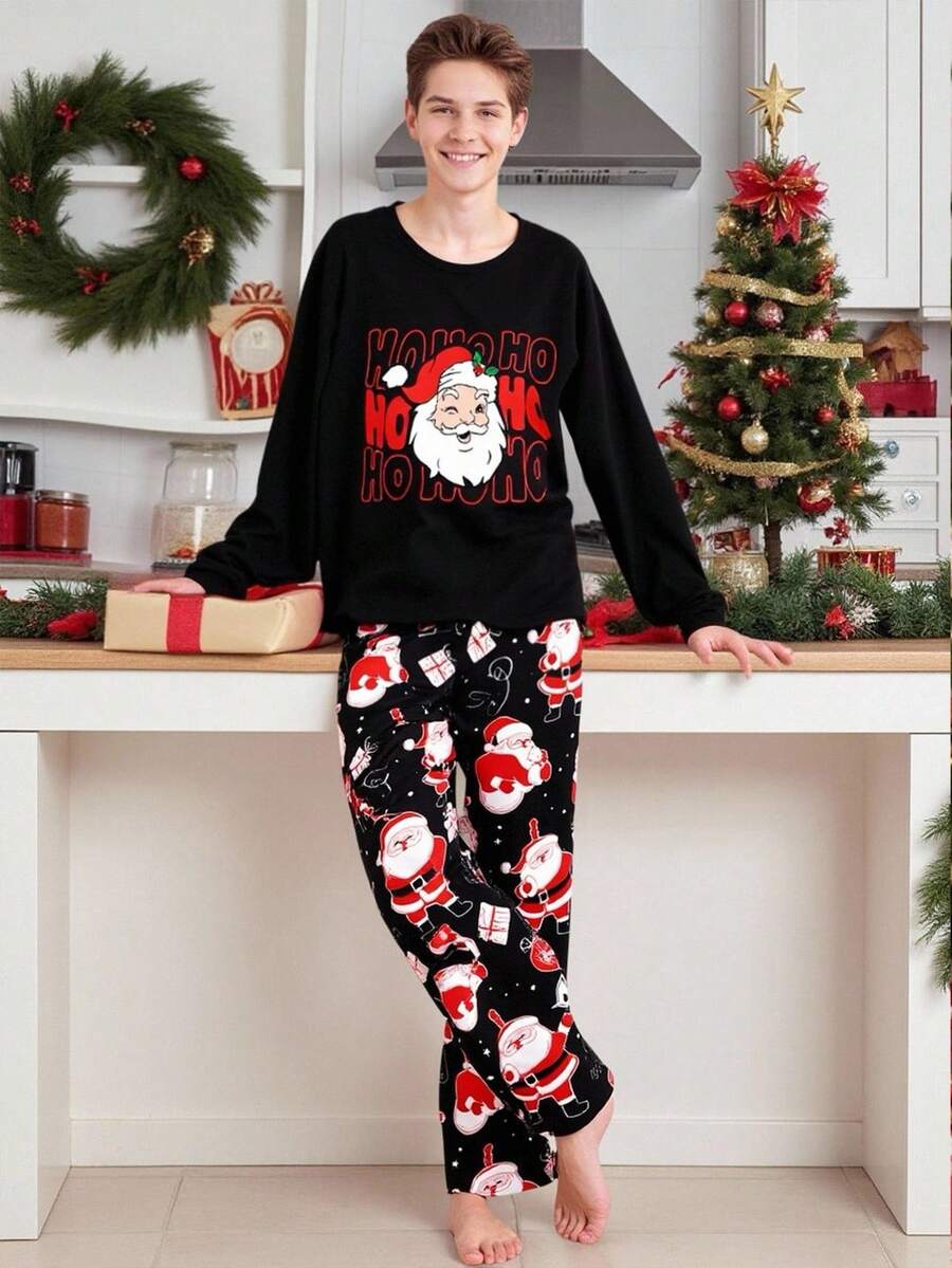Set de pijama de 2 piezas con estampado de Papá Noel para niños adolescentes, que incluye top de manga larga de cuello redondo negro y pantalones holgados con estampado total