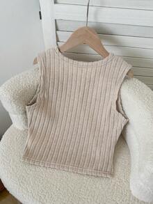 SHEIN 少女休闲纯色卡其色罗纹针织上衣，小女孩无袖上衣，儿童上衣，棕色毛衣，儿童上衣，小女孩开衫 - 杏色 - 查看 2
