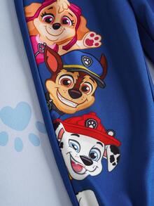 SHEIN | PAW Patrol 2 件套小男孩卡通可爱小狗拼布印花长袖连帽运动衫和运动裤针织户外休闲运动服套装，秋冬