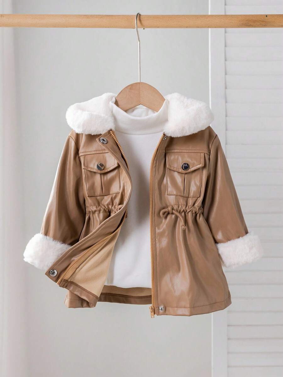 SHEIN Baby Girl Khaki Casual Thermal Lined Turndown Collar Jacket, Autumn/Winter - Khaki - View 1