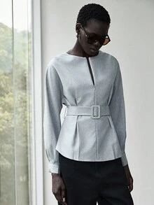 Lumivelle 女式都市时尚休闲通勤七分袖不对称下摆衬衫 - 灰色 - 查看 5