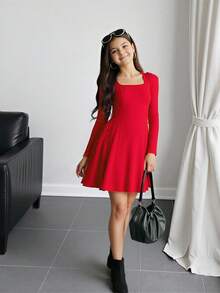 Firerie Kids Tween Girls Square Neck Waist Cinched Red Dress, Fashionable & Elegant For Holiday Party, Formal Occasions - Red - View 2