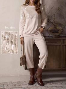 LanaWest Western Style Sequin Patchwork Women 2 Pieces Set - Apricot - View 1