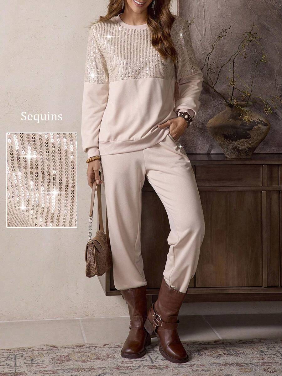 LanaWest Western Style Sequin Patchwork Women 2 Pieces Set - Apricot - View 1