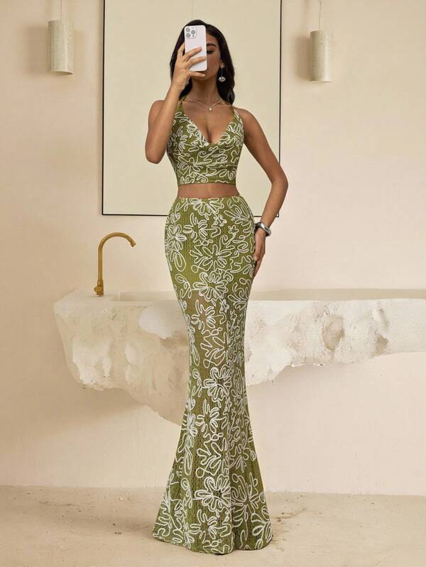 Vowa Elegant And Luxurious Craftsmanship With Ribbon Embroidery Two-Piece Suit, Off-Shoulder Double Straps, Swing Collar And Beautiful Back, Hip-Wrapped Half-Length Fishtail Skirt, Suitable For Coming-Of-Age Ceremony, Graduation Dance, Birthday, Party, Music Festival, Wedding And Other Formal Occasions, Party Dress, Net Sense Dress, Dress