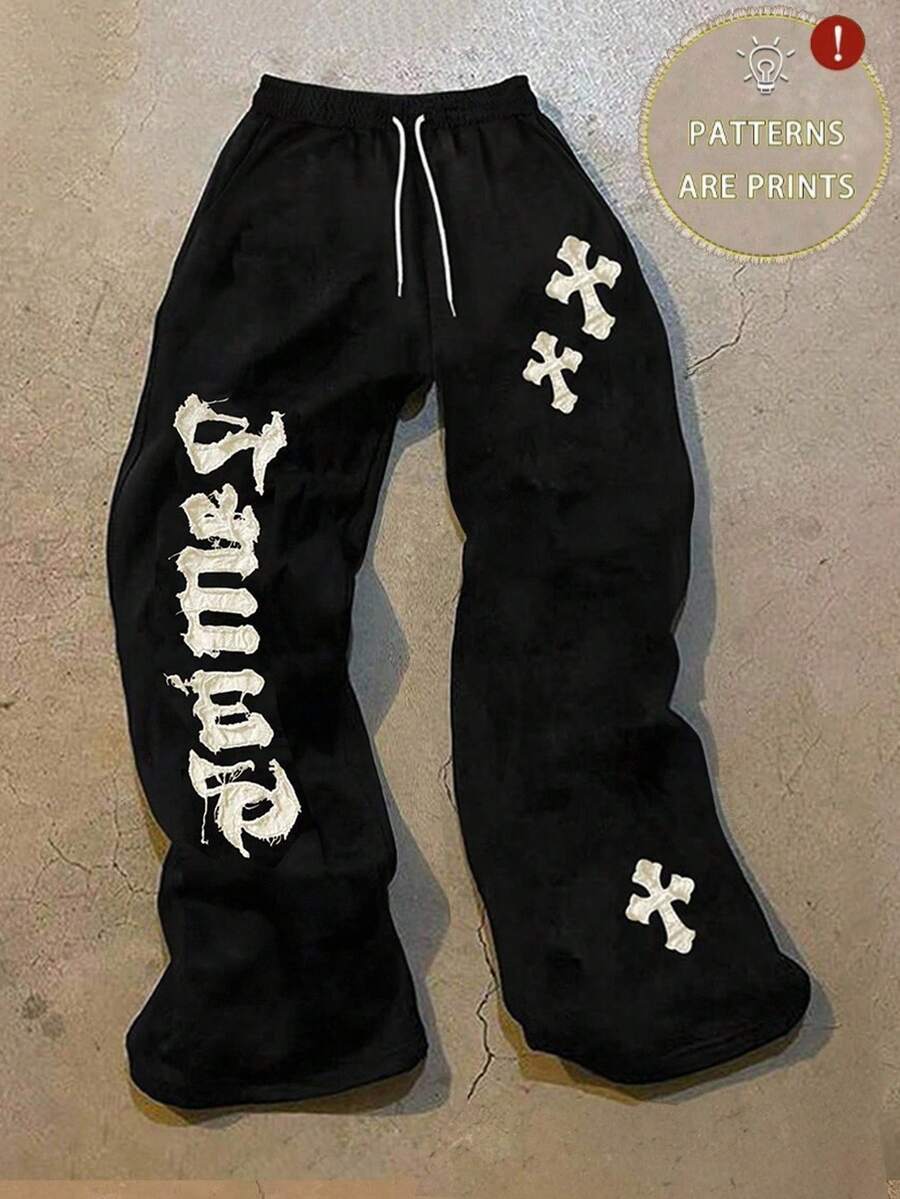 Glimmora Women's Casual Fashion Street Letter Cross Pattern Drawstring Waist Loose Wide-Leg Sweatpants - Black - View 1