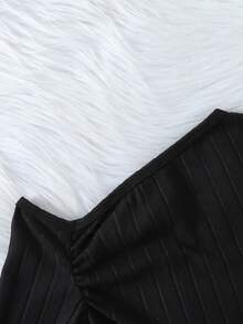 两件套少女休闲优雅斜领纯色针织长袖上衣和阔腿裤套装 - 黑色 - 查看 4