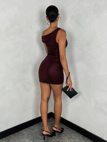 SHEIN BAE Women's Solid Black Simple All-Match Versatile PU Fabric Asymmetric Ruched Sexy Mini Dress, Suitable For Gala, Homecoming, Party