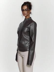MUSERA High Neck Asymmetric Zip Down Faux Leather Fitted Jacket Sexy Going Out Night Out Winter Cute Streetwear Feraux Spring - Dark Grey - View 5
