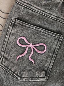 女童 Y2K 直筒牛仔裤，黑色，俏皮蝴蝶刺绣，休闲时尚，百搭，适合上学、聚会、度假、通勤、日常穿着，全新秋季系列 - 黑色 - 查看 5