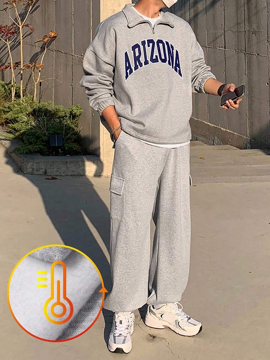 DAZY Men's Letter Embroidered Fleece Pullover Sweatshirt Set, Autumn/Winter