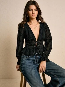 Poéselle 女士时尚性感花卉刺绣深V领上衣