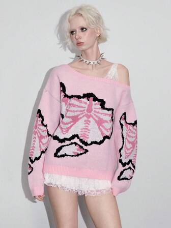 ROMWE Avant Jersey de punto jacquard con esqueleto y decoración de encaje con cuello oblicuo 2 en 1 para mujer, estilo Y2K