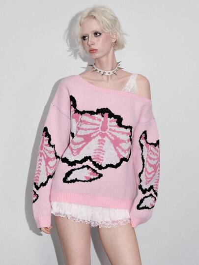 ROMWE Avant Pull en tricot jacquard squelette 2 en 1 avec col oblique et décoration en dentelle pour femmes, style Y2K