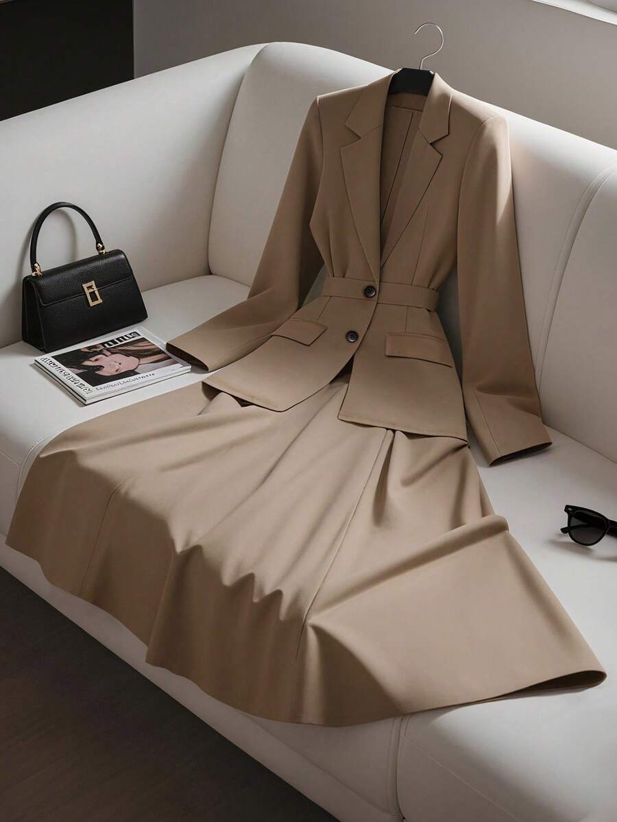 Franclia 优雅通勤时尚收腰西装外套和 A 字裙两件套，长袖，棕色，秋冬 - 棕色 - 查看 1