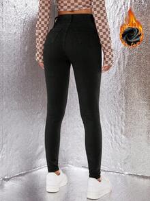 SHEIN ICON Women's Autumn/Winter Thermal Lined Slant Pocket Skinny Denim Jeans - Black - View 2