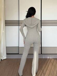 Rafferiza European And American Style Casual Front Zipper Thickened Flared Pants Long Sleeve Long Pants Women Autumn Winter Hooded Jumpsuit Women Christmas Clothing New Year Outfit - Apricot - View 2