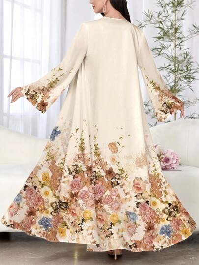 SHEIN Najma 女士时尚长袖休闲花卉印花阿拉伯长袍，适合春秋季节