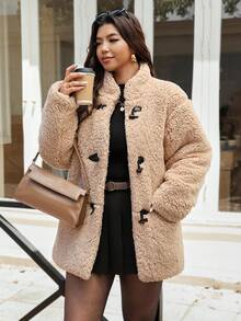 Vionelle Plus Size Stand Collar Solid Color Long Sleeve Casual Basic Teddy Coat Pocket Quilted Thermal Lining For Fashion Women