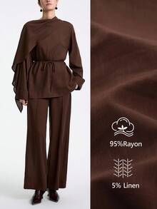 Aalyst 2 Stücke Damen Bluse aus Bambusfaser mit abnehmbarem Schal-Kragen und Fledermausärmeln, Taillenschleife und gerade geschnittene Lässig Hose, elegante Büro-/Lässig Kleidung, Vintage-/Minimalistische Optik, geeignet für Thanksgiving, Nachmittagstee, Partys, Schulbeginn, Frühling/Herbst - Kaffeebraun - Übersicht 1