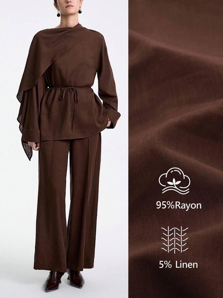 Aalyst 2 Stücke Damen Bluse aus Bambusfaser mit abnehmbarem Schal-Kragen und Fledermausärmeln, Taillenschleife und gerade geschnittene Lässig Hose, elegante Büro-/Lässig Kleidung, Vintage-/Minimalistische Optik, geeignet für Thanksgiving, Nachmittagstee, Partys, Schulbeginn, Frühling/Herbst - Kaffeebraun - Übersicht 1