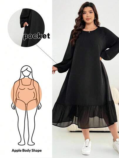 Shapeblank Plus Size Women's Apple-Shaped Body Autumn And Winter Fashion Casual Loose Comfortable Daily Slim Chiffon Splicing Long Sleeve Black Mid-Length Dress,Fall Outfits,Church Cloths,Curve Black Dress Curve Plus Dress Women Plus Dress