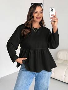 SHEIN Essnce Blusa de manga larga con volantes de tela texturizada cómoda y holgada para mujer de talla grande, para primavera y otoño, para volver a la escuela - Negro - Ver 5