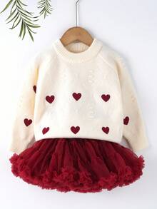 2 件套年轻女孩休闲心形图案针织套头衫和芭蕾舞裙套装