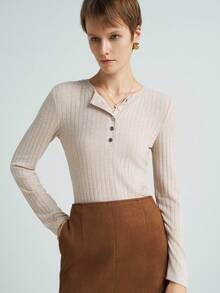 Airaco Women's Solid Color Button Half Placket Long Sleeve Ribbed Casual T-Shirt - Apricot - View 4