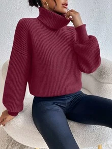 Celisse Áo len tay loe cổ lọ màu trơn thường ngày, thu/đông - Bold Plum - Xem 5
