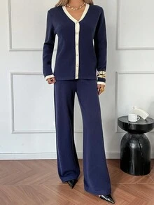 DAZY 女士宽松商务休闲优雅开衫针织上衣和喇叭裤两件套，秋冬 - 藏蓝色 - 查看 3
